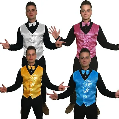 Ring Master Sequin Waistcoat & Bow Tie Dance Showbiz Mens Fancy Dress Costume • £12.49