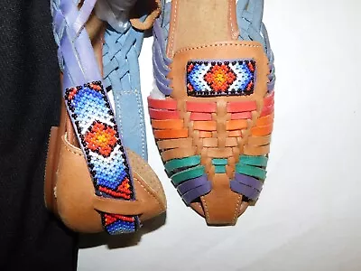 Mexican Leather Huaraches Huichol Sandals Beaded Shoes Multi Colors Women's 9.5 • $35