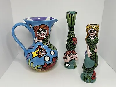 Nicole Engblom Mermaid Under The Sea Lot Pitcher With 2 Candlesticks • $30