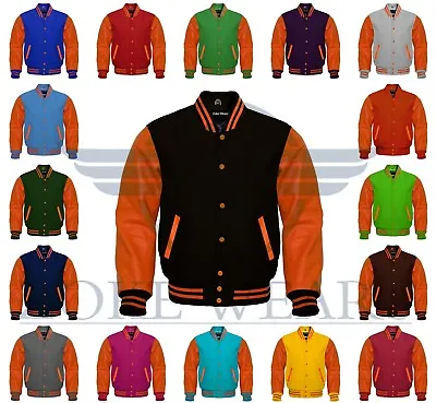 Varsity Letterman Baseball Bomber Wool & Orange Leather Sleeves Retro Jacket • $69.99