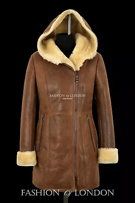 £399.17 • Buy Ladies Shearling Sheepskin Coat Copper Vintage Genuine Fur Hooded Long Jacket