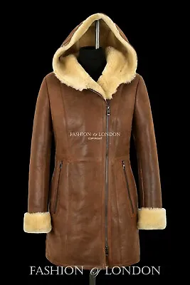 Ladies Shearling Sheepskin Coat Copper Vintage Genuine Fur Hooded Long Jacket • £280