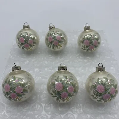 Vintage Christmas Glass Ornaments Lot 6 Silver Pink Roses Victorian Round MSC 3  • $24.95