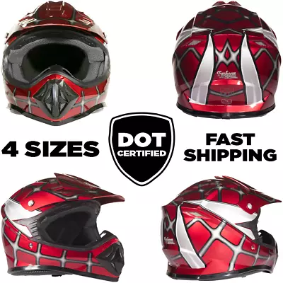 Youth RED WEB Kids Motocross Helmet DOT ATV UTV MX OffRoad Riding Gear  • $36