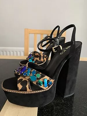 Miss KG Black Suede Multi Colour Jewel Leopard Print Block Platform Heels Sandal • £19.99