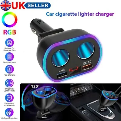 DC 12V LED 2 Way Car Cigarette Lighter Socket Splitter Dual USB Charger Adapter~ • £5.99