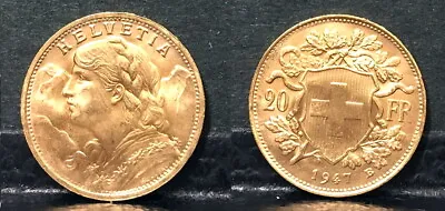 $489.99 • Buy Swiss 1947 Nice Lustrous Gem Bu--post World War Two Helvetia Gold 20 Franc Coin
