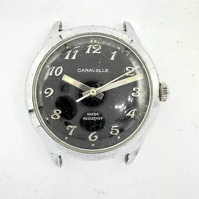 Vintage 34mm Caravelle Men's Mechanical Wristwatch 11DP Chrome W Black Dial • $35