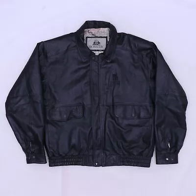 C4044 VTG Burks Bay Map Lined Leather Black Bomber Jacket Size XL • $24.49