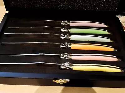 NEW Laguiole 6 Pastel Marble Stainless Steel STEAK KNIVES - Leather Box - FRANCE • $70