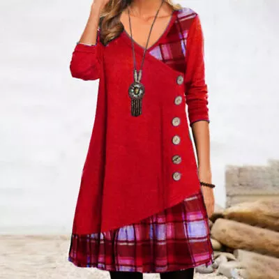 Womens V Neck Tartan T-Shirt Dress Ladies Check Plaid Swing Mini Dresses Size 16 • £14.69