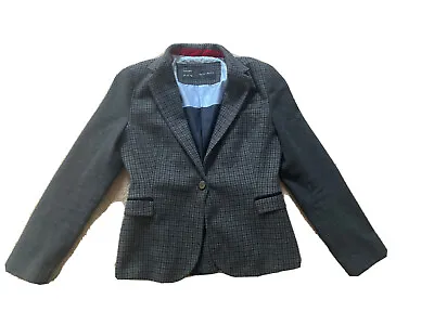 Zara Woman Brown Navy Elbow Patch Blazer Jacket  L 12 Single Button 100% Wool • £38.27