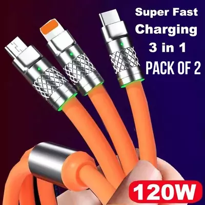 2X 3in1 Super Fast Charging Data Cable Charge Line Micro USB C 8PIN For IPhone • £1.99