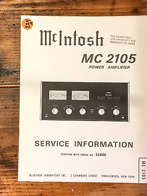 McIntosh MC2105 MC-2105 Amplifier Service Manual *Original* #1 • $39.97