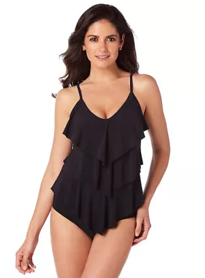 NWT Magicsuit  Solid Rita  Tiered Tummy Control Tankini Top Women's Sz 8 Black • $49.99