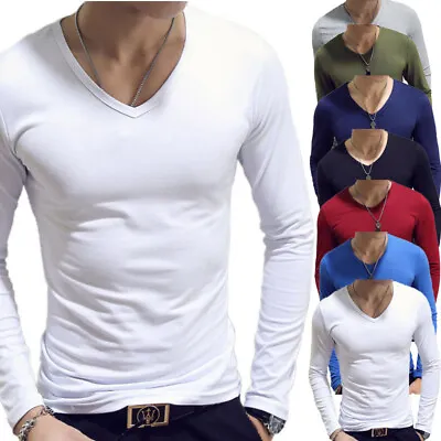 Men Long Sleeve Undershirt V Neck Slim Fit T-shirt Casual Underwear Tops Club • $11.21