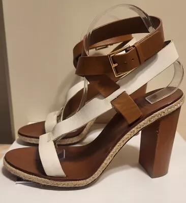 Tory Burch Marbella Tan/Ivory Leather Strappy Stacked Heel Sandals Sz.9 Ret $325 • $69.99