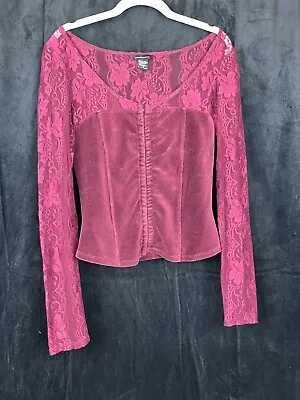 RARE Moda International Womens Burgundy Lace Sleeve Corset Hook Closure Size Med • $103.99