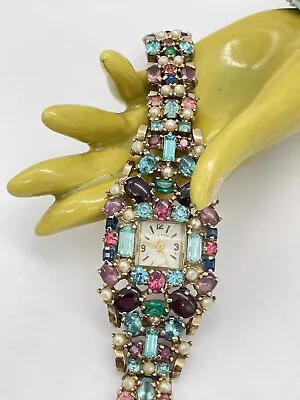 Vintage Clinton Rhinestone & Faux Pearl Encrusted Ladies Wristwatch Retro Watch • $274.95