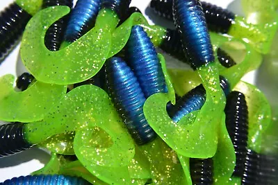 3  Twister Tail Fat Grubs Walleye Bass Lures Black Blue & Chartreuse 25 Pack • $8.55