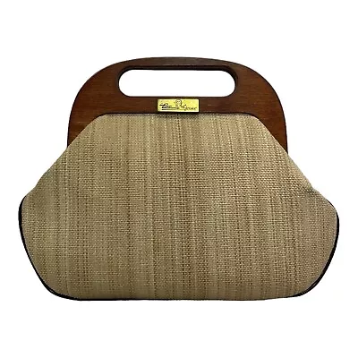 Vintage 70s ETIENNE AIGNER Linen Jute Leather Clutch Bag Handbag Wooden Handle • $249.99