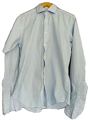 £9.99 • Buy TM Lewin Shirt Mens 16 Inch Blue & White Stripe Long Sleeve Slim Fit Double Cuff