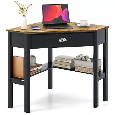 Triangle Computer Desk Corner Office Desk Laptop Table W/ Drawer Shelves White • $115.95