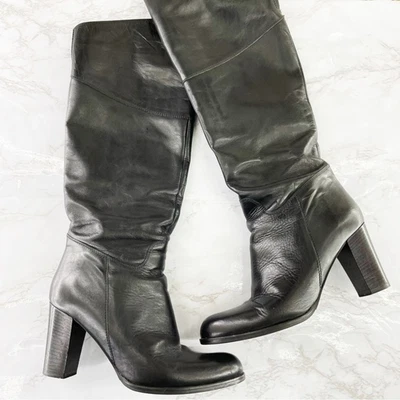 $55 • Buy Garnet Hill Black Leather Knee High Heeled Boots Zip Up Made In Italy 8.5