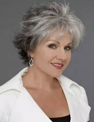 Fashion Short Gray White Hair With Black Mixed Wig With Bangs Mom Wig Synthetic • $16.86