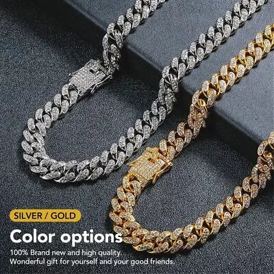 Mens CZ Stone Paved Bling Iced Out 13mm Round Cuban Miami Link Chain Necklaces • £8.99