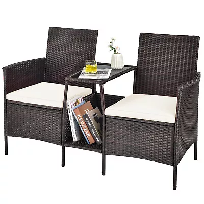 Patio Rattan Wicker Conversation Set Sofa Cushioned Loveseat Glass Table Off • $109.98