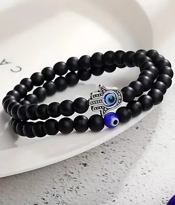 2x Pair Beaded Black Lava Hand Evil Eye Hamsa Bracelet Reiki Women Men Lucky • $5.99