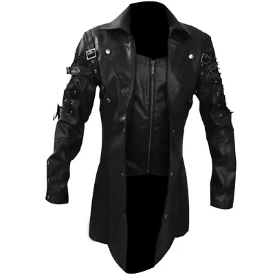 Mens Real Black Leather Goth Matrix Trench Coat Steampunk Gothic • $121.16