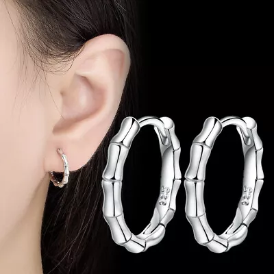 925 Sterling Silver Hoop Huggie Earrings Stud Women's Bamboo Round Earrings New • $6.51