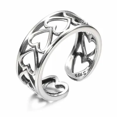 Vintage Love Heart Linked Adjustable Ring Silver Plated Women Girls Jewellery UK • £3.49