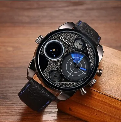 £29.99 • Buy Mens Large Face Dress Watch Military Dual Time Black Blue Metal Leather Smart
