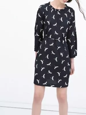 BNWOT Zara Navy Blue Bird Print Dress Size M • £9.99