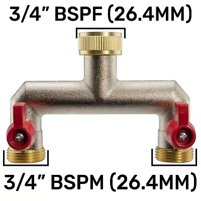 Brass Tap Two Way Splitter Manifold With Valves 3/4  BSP Outlets Garden Watering • £17.89