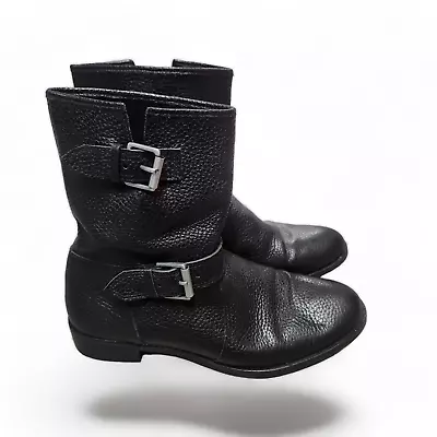 J.Crew Biker Moto Boots Women's Sz 8 Black Pebbled Leather Buckle • $38.25