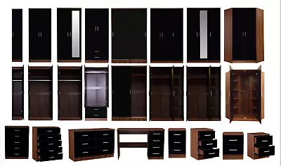 REFLECT High Gloss Black And Walnut Bedroom Furniture Wardrobe Chest Bedside • £154.37