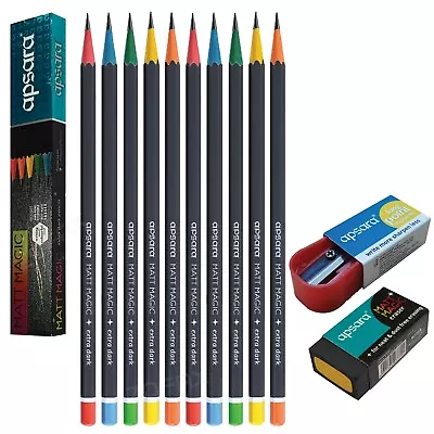 APSARA Matt Magic 10 X Premium Wood Pencils Long Point Sharpener Non Dust Eraser • £4.49