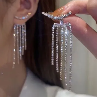 $4.44 • Buy Fashion 925 Silver Crystal Tassel Earrings Drop Dangle Women Wedding Jewellery