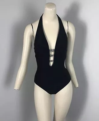 Allen B Schwartz Swimsuit Black Beaded Front Plunge Neckline Size 8 • $17.09