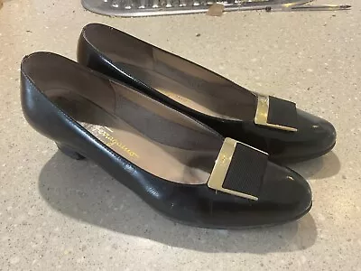 Salvatore Ferragamo Boutique 46992 Black Patent Leather Gold Buckle Heel Size 7 • $199.95