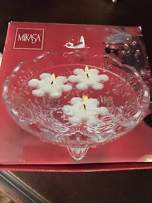 Mikasa Crystal SNOWFLAKE MEDLEY Footed Bowl Votive With 3 Floating Candles  NIB • $17.07