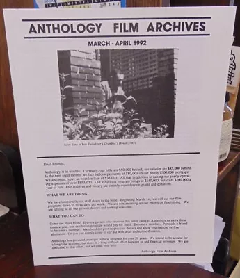 Anthology Film Archives - March-April 1992 Porgram / NF 8 1/2  X 11  • $15