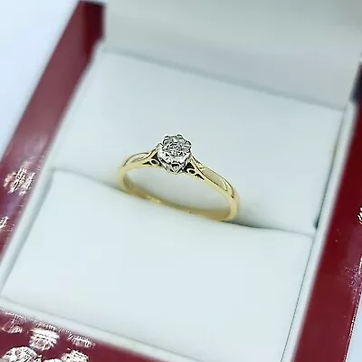 9ct Solid Yellow Gold Natural Diamond Solitaire Ring - Size L 1/2 Hallmarked • £65