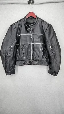 VNTG Echtes Leder Mens Black Leather Motorcycle Biker Jacket Collarless Large • $79.99