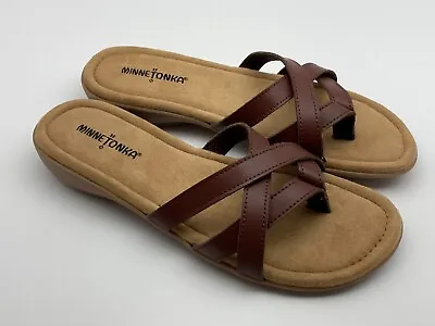 Minnetonka Womens Sandals Sunny Brown Size 9 WW Strappy Leather Flat Thongs New • $24.95