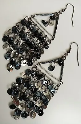 Long Drop Chandelier Silver Black Metallic Vintage Statement Dangle Earrings  • £10.99